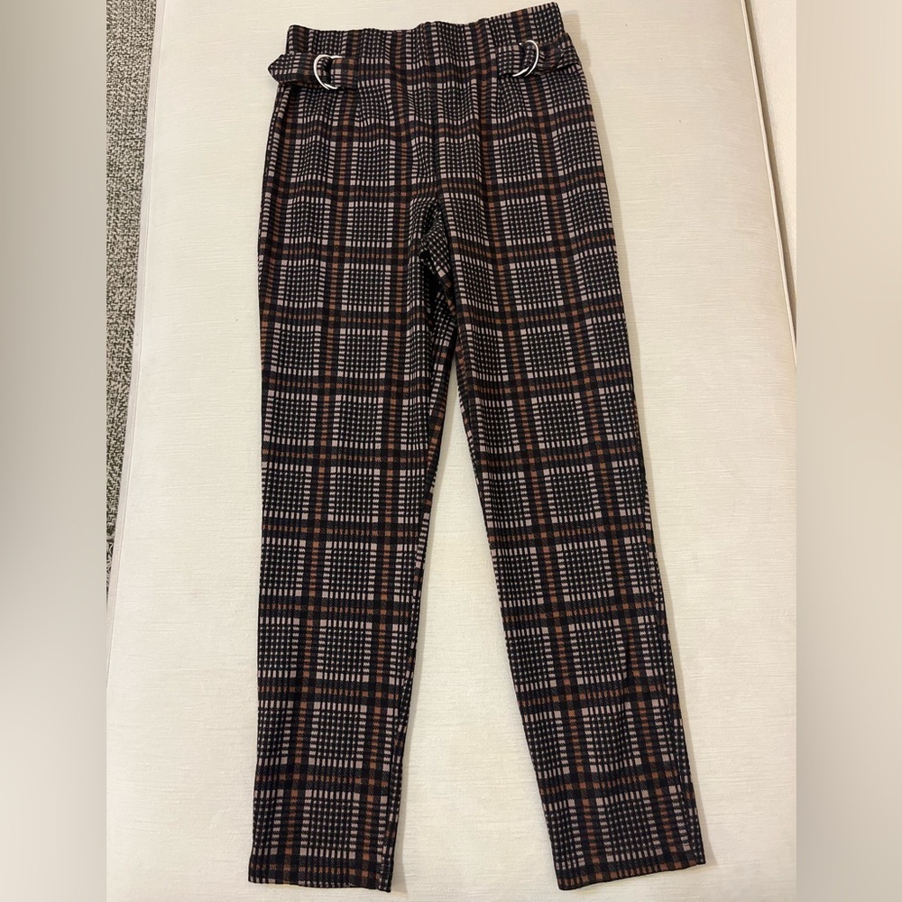 Plaid Pants - Women’s Medium Brown Black - Elastic Waist